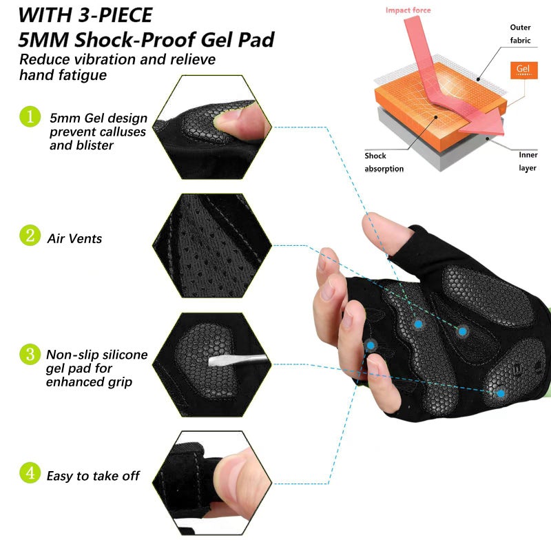 MOREOK Cycling Gloves Bike Gloves for Men/Women-[5MM Gel Pad] Half Finger Bicycle Biking Gloves for Cycling/Weight Lifting/Gym/Motorcycle/Rowing/Outdoor Sports-050-BLACK-XL - Image 2